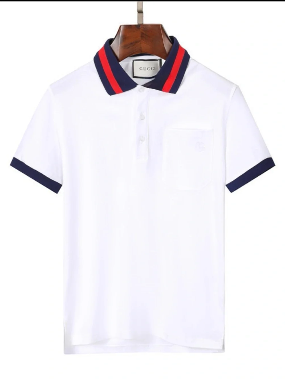 Gucci White Polo with Navy & Red Stripe Collar - men